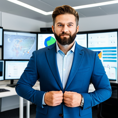 A confident professional media strategist, fully clothed in a modest business suit, standing in a modern, brightly lit media agency office. The background features multiple large digital screens displaying various real-time analytics, social media feeds, search engine results, and video ads, illustrating an omnichannel approach. There are clean desks with contemporary tech. perfect anatomy, correct proportions, natural pose, well-formed hands, proper finger count, natural body proportions, professional photography, high quality, safe for work, appropriate content, fully clothed, professional.