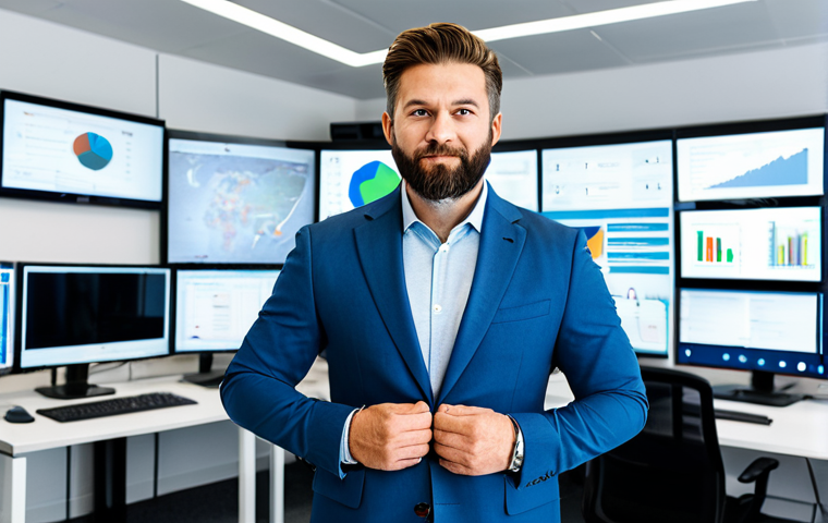 A confident professional media strategist, fully clothed in a modest business suit, standing in a modern, brightly lit media agency office. The background features multiple large digital screens displaying various real-time analytics, social media feeds, search engine results, and video ads, illustrating an omnichannel approach. There are clean desks with contemporary tech. perfect anatomy, correct proportions, natural pose, well-formed hands, proper finger count, natural body proportions, professional photography, high quality, safe for work, appropriate content, fully clothed, professional.
