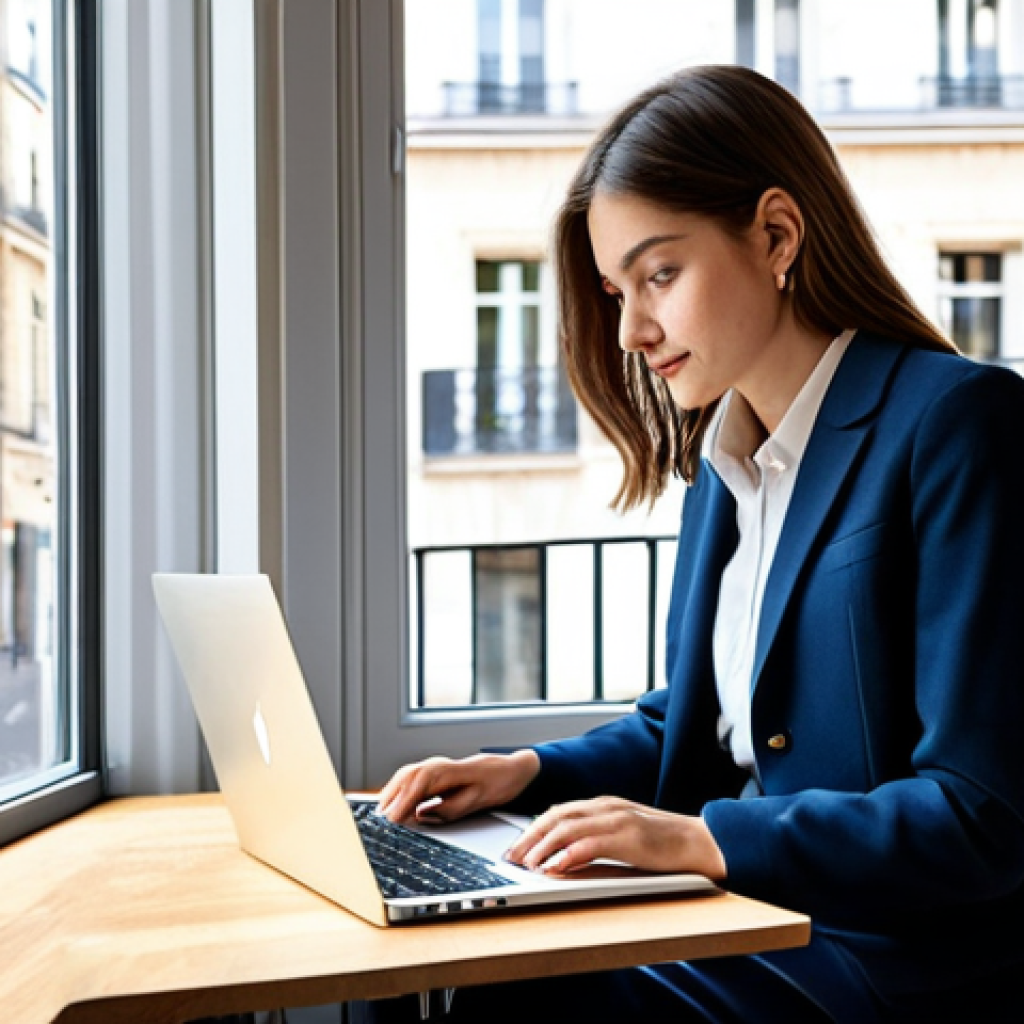 Modern Parisian Workspace**

A professional young woman in a stylish, modest business suit (skirt and jacket) works on a laptop at a bright, modern desk in a Parisian co-working space. Large windows overlook a bustling street scene. Fully clothed, appropriate attire, safe for work, perfect anatomy, natural proportions, professional photography, high quality, family-friendly.

**