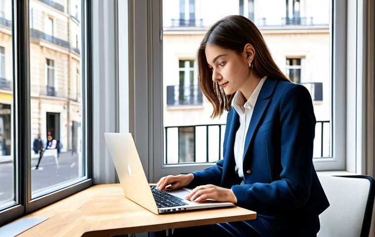Modern Parisian Workspace**

A professional young woman in a stylish, modest business suit (skirt and jacket) works on a laptop at a bright, modern desk in a Parisian co-working space. Large windows overlook a bustling street scene. Fully clothed, appropriate attire, safe for work, perfect anatomy, natural proportions, professional photography, high quality, family-friendly.

**