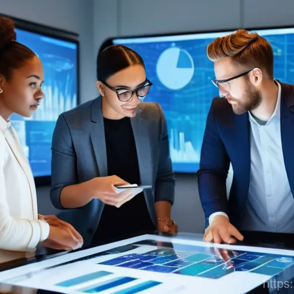 광고홍보사와 디지털 콘텐츠 기획 - **Prompt:** A diverse group of four marketing professionals, two men and two women, dressed in styli...