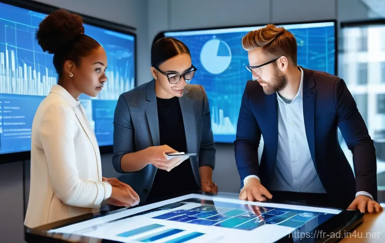 광고홍보사와 디지털 콘텐츠 기획 - **Prompt:** A diverse group of four marketing professionals, two men and two women, dressed in styli...