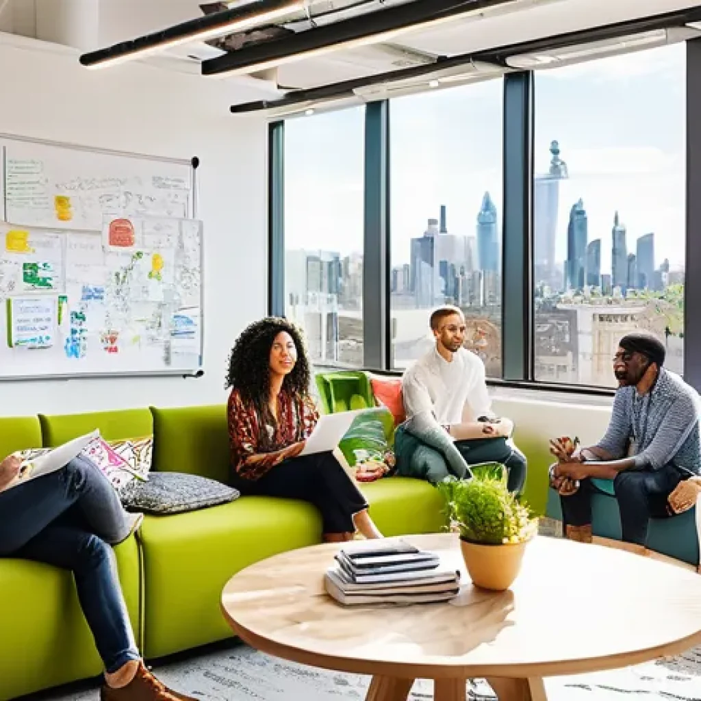 광고홍보사 창의력 훈련 방법 - **Prompt:** A vibrant, sun-drenched, open-plan creative agency office bustling with innovative energ...