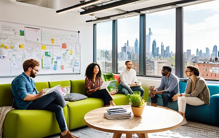 광고홍보사 창의력 훈련 방법 - **Prompt:** A vibrant, sun-drenched, open-plan creative agency office bustling with innovative energ...