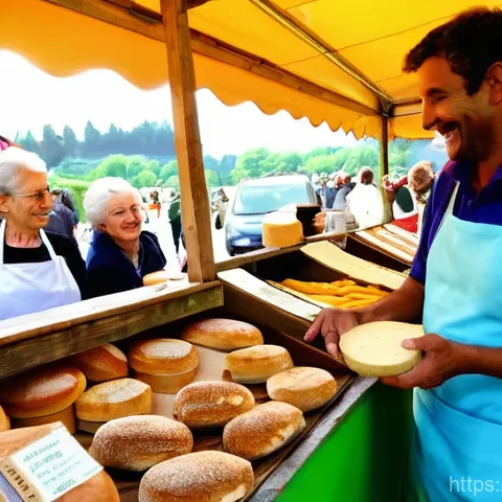광고홍보사와 고객 중심 브랜딩 전략 - **Prompt:** A warm, inviting scene at a vibrant French local market. A diverse group of customers, r...