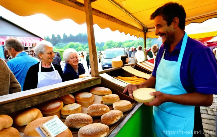 광고홍보사와 고객 중심 브랜딩 전략 - **Prompt:** A warm, inviting scene at a vibrant French local market. A diverse group of customers, r...