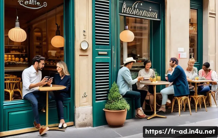 광고홍보사와 고객 맞춤형 광고 사례 - **Prompt:** A vibrant, sun-drenched cafe terrace in a charming Parisian neighborhood. Diverse, styli...