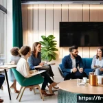 광고홍보사와 인바운드 마케팅 광고 - **Prompt:** A vibrant, sunlit, modern co-working space or customer lounge in France. A diverse group...