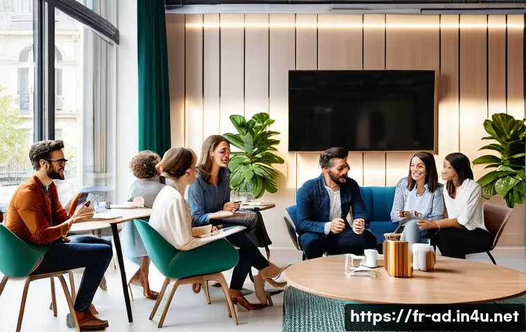 광고홍보사와 인바운드 마케팅 광고 - **Prompt:** A vibrant, sunlit, modern co-working space or customer lounge in France. A diverse group...