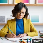 광고홍보사 포트폴리오 준비법 - **"A close-up, medium shot of a professional female graphic designer, mid-30s, with a stylish bob ha...