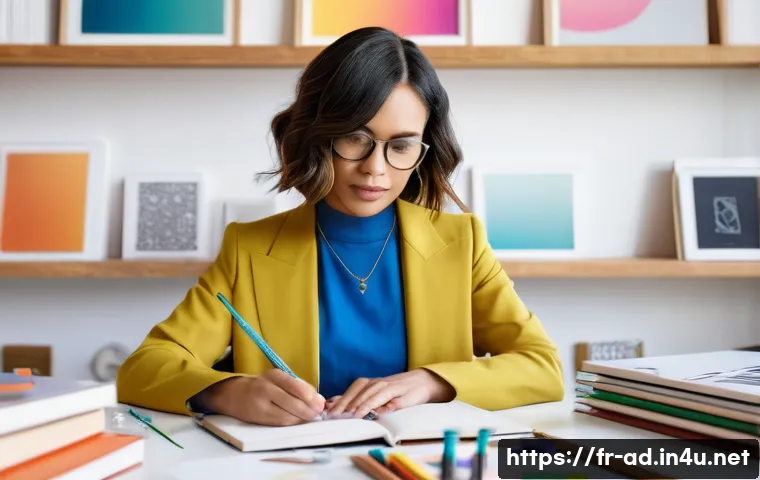 광고홍보사 포트폴리오 준비법 - **"A close-up, medium shot of a professional female graphic designer, mid-30s, with a stylish bob ha...