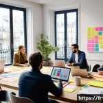 광고홍보사와 TV 광고 제작 과정 - A vibrant creative brainstorming session in a modern Parisian office, diverse marketing and creative...