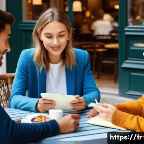 광고홍보사와 비즈니스 성공 광고 전략 - A diverse group of French consumers in a cozy urban café setting, engaged in a lively discussion abo...