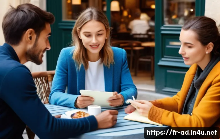 광고홍보사와 비즈니스 성공 광고 전략 - A diverse group of French consumers in a cozy urban café setting, engaged in a lively discussion abo...