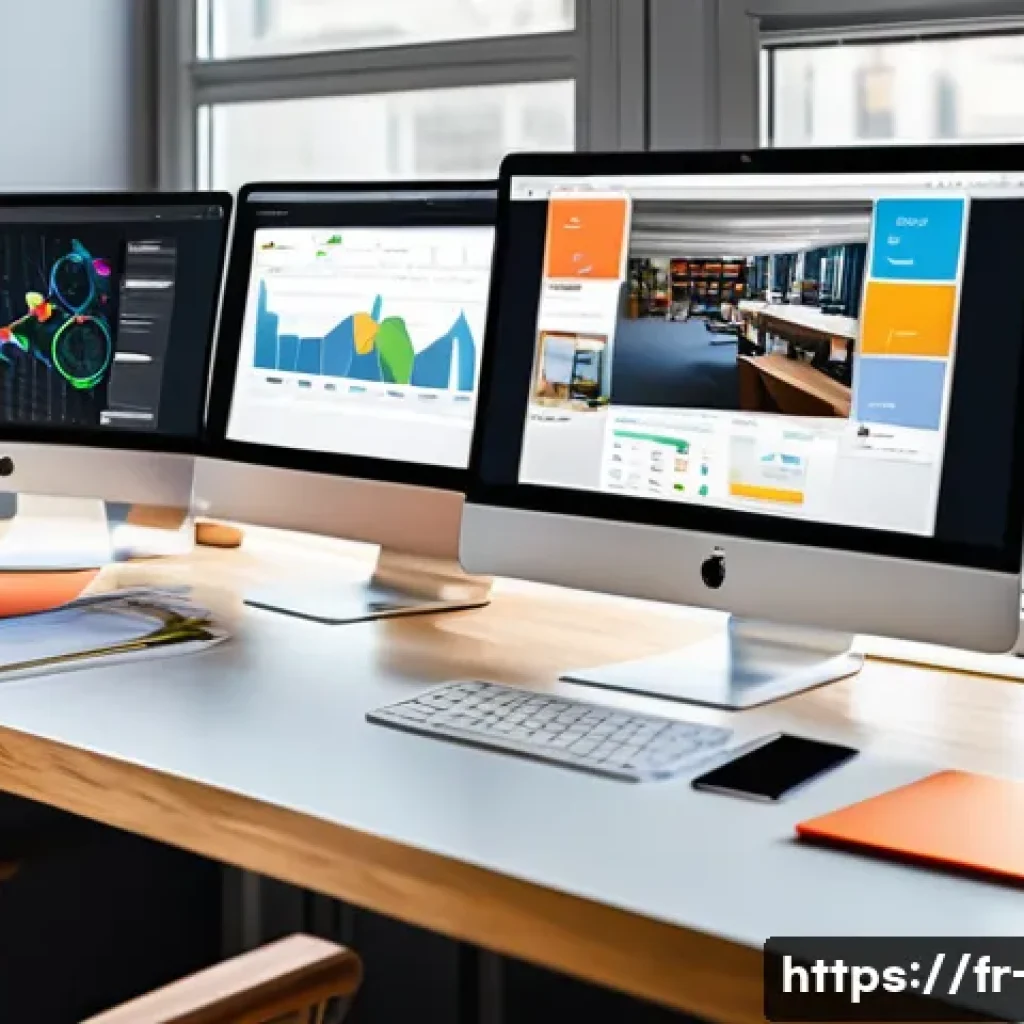 광고홍보사와 소셜미디어 광고 - A vibrant digital marketing workspace showing a multi-screen setup with Google Analytics, Facebook A...