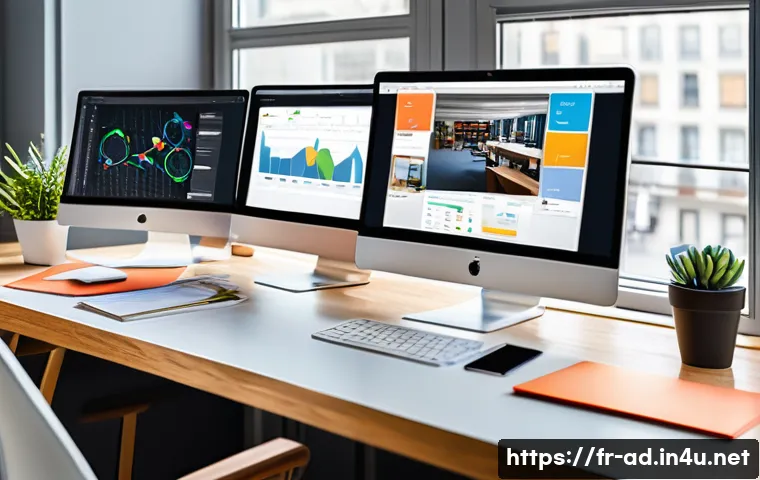 광고홍보사와 소셜미디어 광고 - A vibrant digital marketing workspace showing a multi-screen setup with Google Analytics, Facebook A...