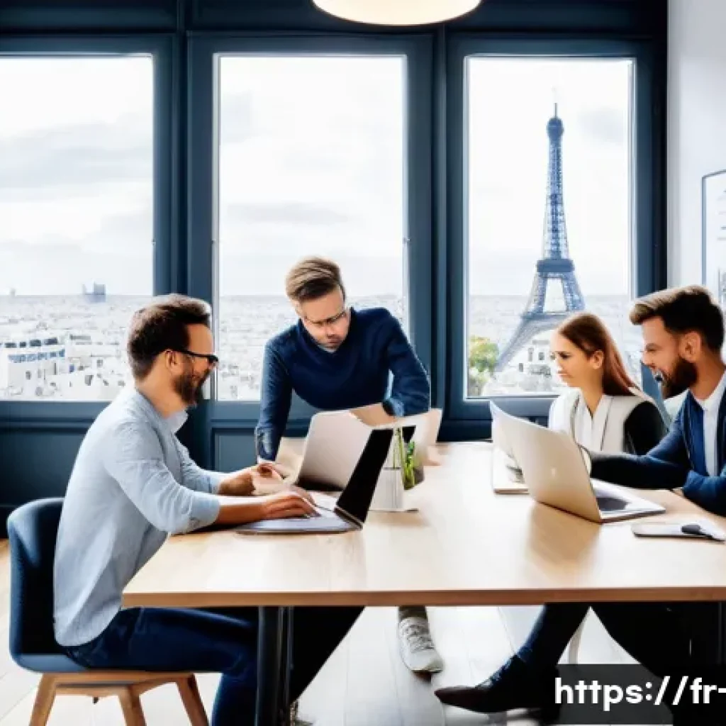 광고홍보사 커리어 패스 설계 - A modern creative advertising agency office scene in Paris, featuring a diverse team of professional...