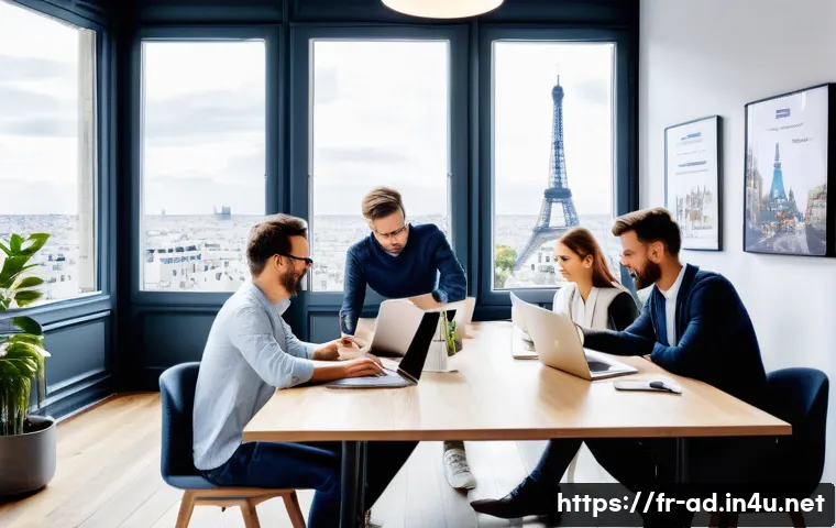 광고홍보사 커리어 패스 설계 - A modern creative advertising agency office scene in Paris, featuring a diverse team of professional...