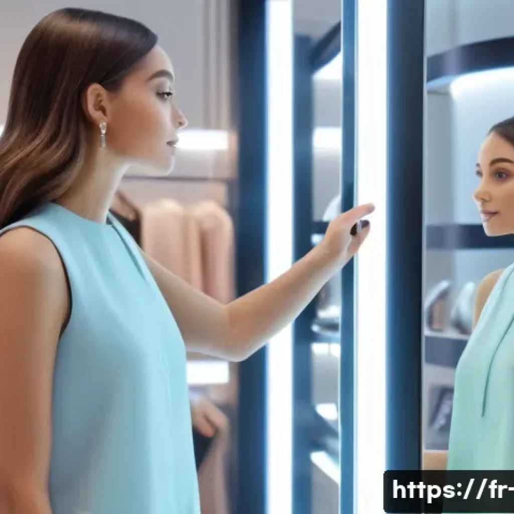 광고홍보사와 혁신적인 미디어 광고 사례 - A chic Parisian boutique interior featuring a stylish young woman interacting with a futuristic augm...