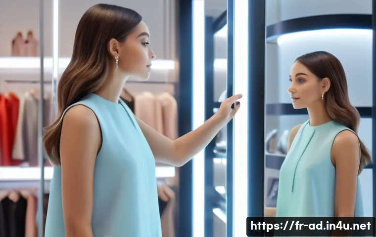 광고홍보사와 혁신적인 미디어 광고 사례 - A chic Parisian boutique interior featuring a stylish young woman interacting with a futuristic augm...