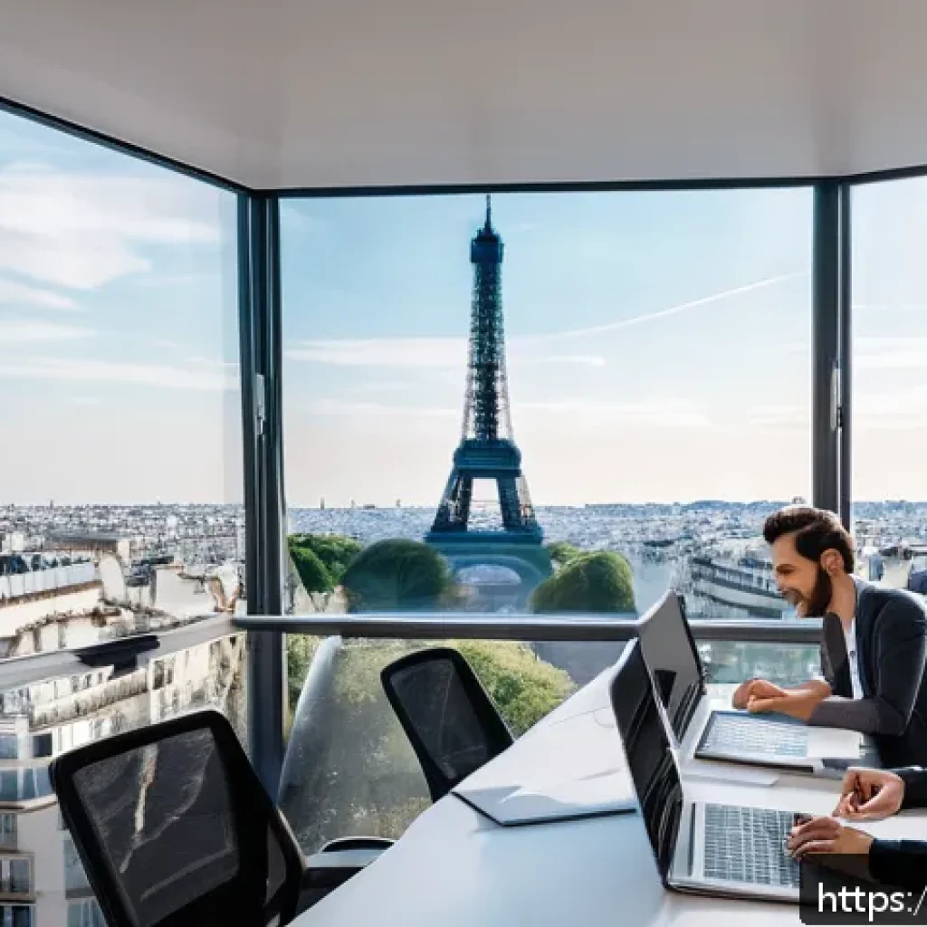 광고홍보사와 광고업계 규제 - A modern digital marketing office scene in Paris, featuring a diverse team of young professionals co...