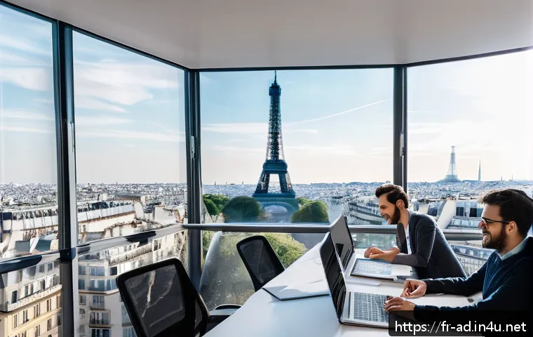 광고홍보사와 광고업계 규제 - A modern digital marketing office scene in Paris, featuring a diverse team of young professionals co...