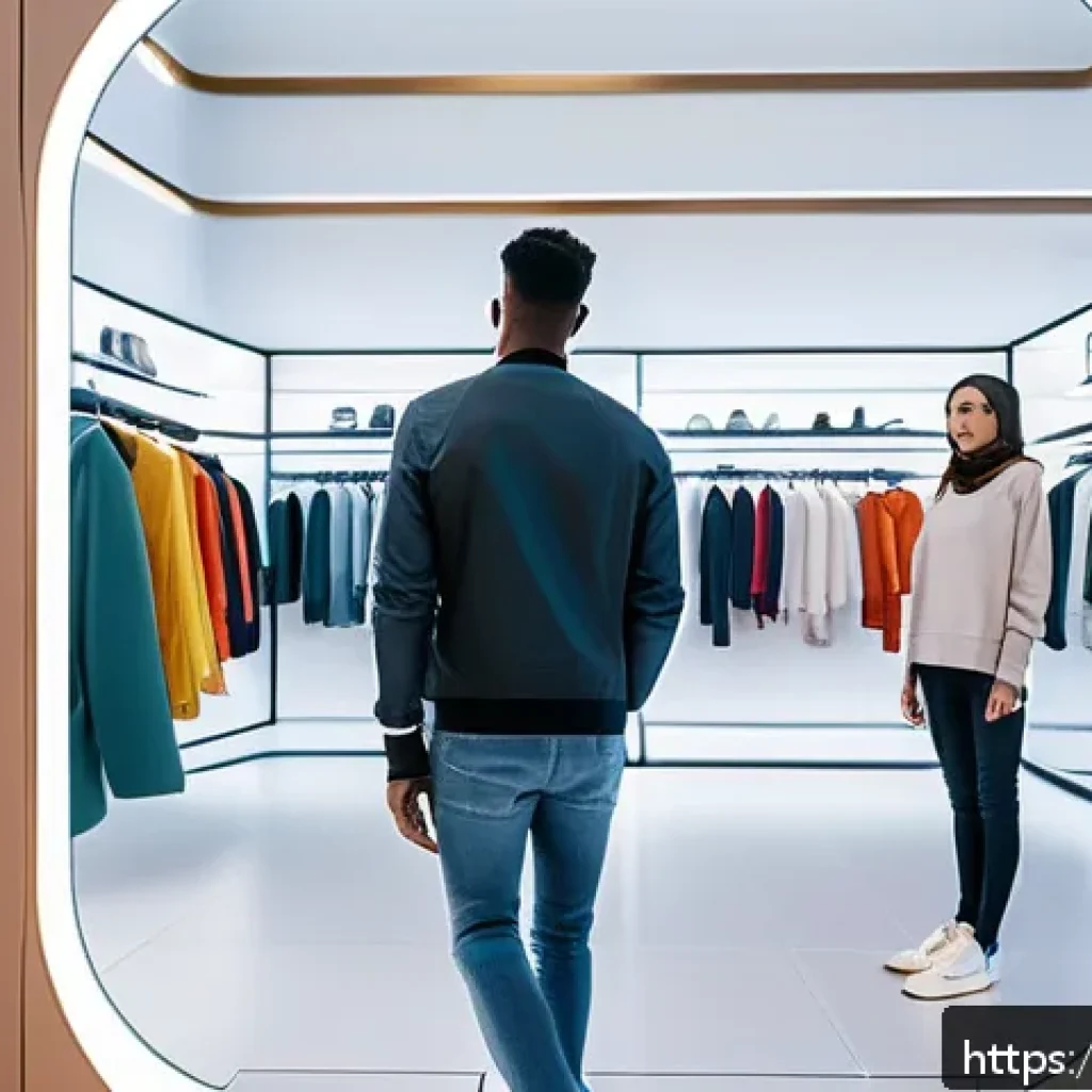 광고홍보사와 디지털 광고의 미래 - A futuristic fashion store interior with customers using augmented reality mirrors to virtually try ...