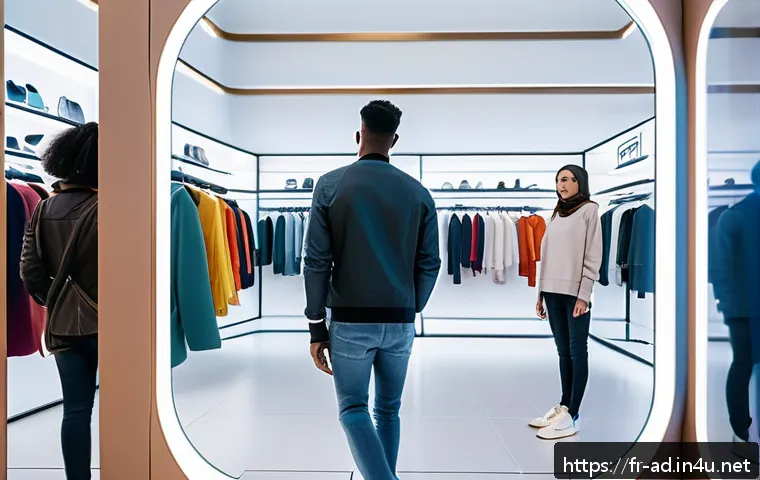 광고홍보사와 디지털 광고의 미래 - A futuristic fashion store interior with customers using augmented reality mirrors to virtually try ...