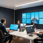 Home 21 광고홍보사와 광고 시장 혁신적인 도전 - A modern digital marketing office scene in Paris, with a diverse team of young professionals brainst...