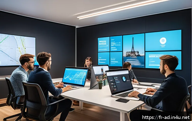 광고홍보사와 광고 시장 혁신적인 도전 - A modern digital marketing office scene in Paris, with a diverse team of young professionals brainst...