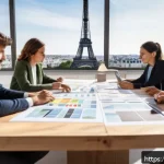 Home 20 광고홍보사와 스토리보드 작성법 - A professional creative team collaborating around a large wooden table in a bright, modern Parisian ...