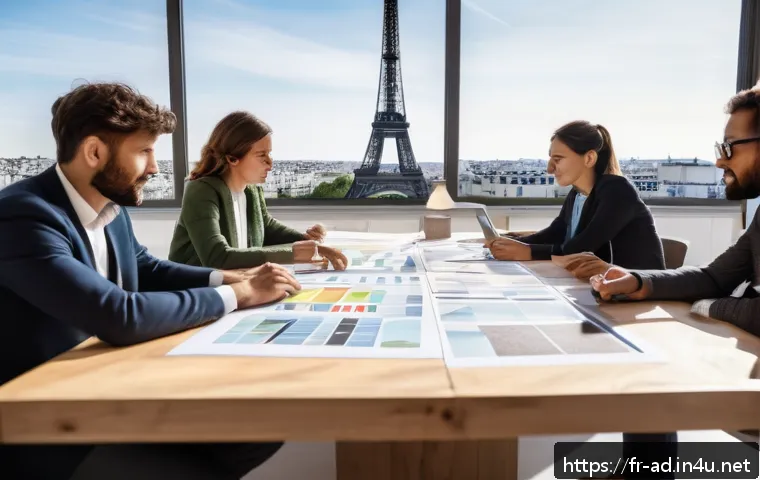 광고홍보사와 스토리보드 작성법 - A professional creative team collaborating around a large wooden table in a bright, modern Parisian ...