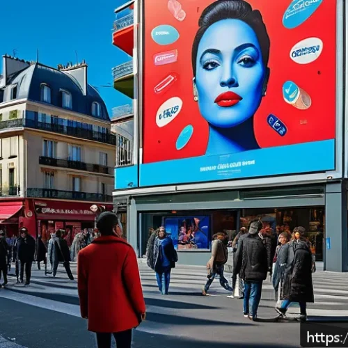 Home 31 광고홍보사와 광고 심리학 활용 사례 - A vibrant urban street scene in Paris featuring a large, colorful billboard advertising a new produc...