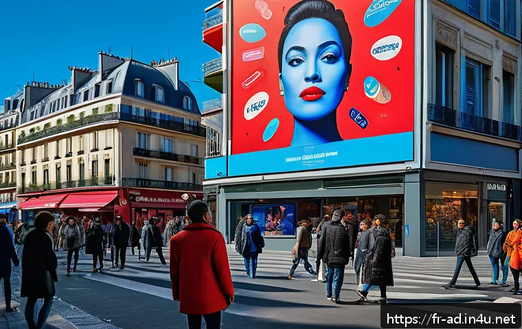 광고홍보사와 광고 심리학 활용 사례 - A vibrant urban street scene in Paris featuring a large, colorful billboard advertising a new produc...