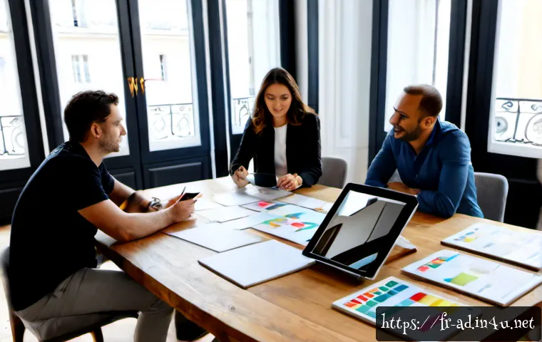 광고홍보사와 신생 브랜드 광고 성공 전략 - Photorealistic Paris advertising agency strategy meeting with a startup founder and diverse creative...