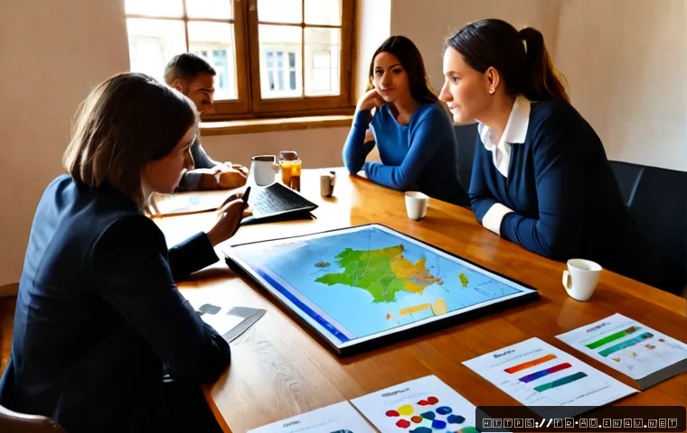 광고홍보사와 지역 광고 시장 분석 - Photorealistic French regional advertising agency strategy meeting, diverse professionals gathered a...